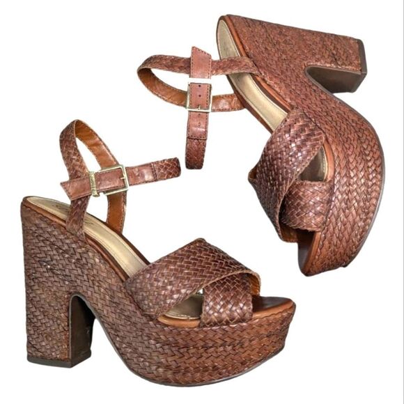 Schutz Brown Tan braid woven leather platform open toe sandal heels womens 9 - Picture 1 of 8